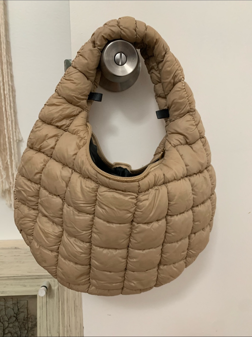 Quilted Puffer Shoulder Bag in Beige